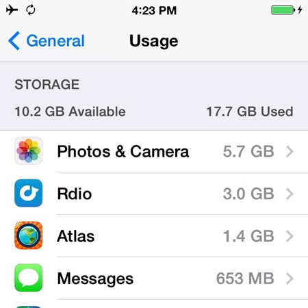 utilisation du stockage iphone