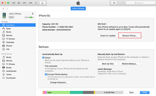 réinitialisation partielle iphone